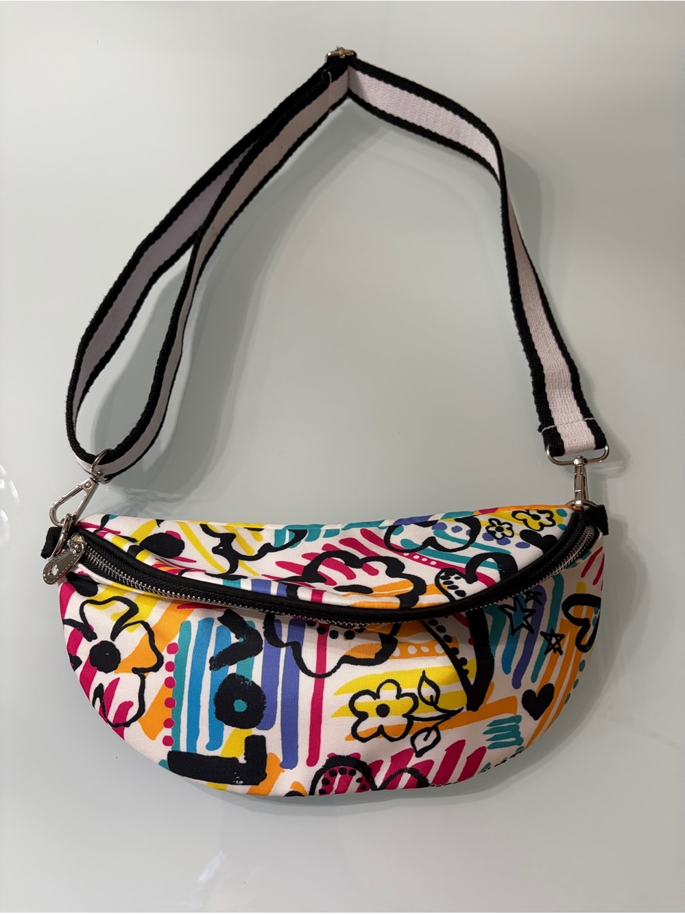 Multicolor Graphic Floral Crossbody Bag with Striped Strap